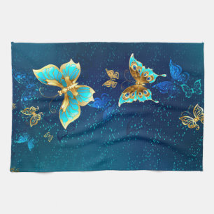 Golden Butterflies on a Blue Background Kitchen Towel