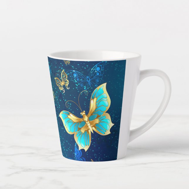 Golden Butterflies on a Blue Background Latte Mug (Right)