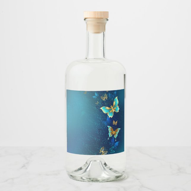 Golden Butterflies on a Blue Background Liquor Bottle Label (Front)