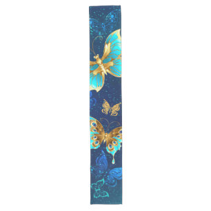 Golden Butterflies on a Blue Background Long Table Runner