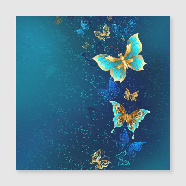 Golden Butterflies on a Blue Background Magnetic Invitation (Front)