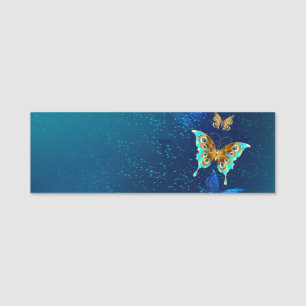 Golden Butterflies on a Blue Background Name Tag