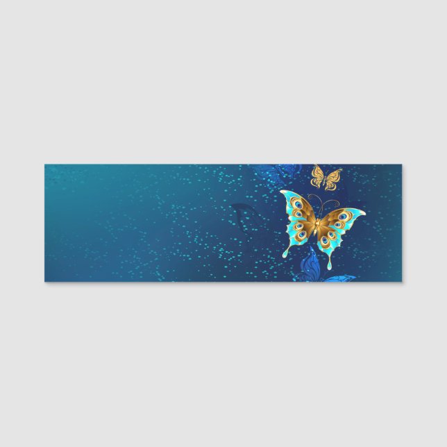 Golden Butterflies on a Blue Background Name Tag (Front)