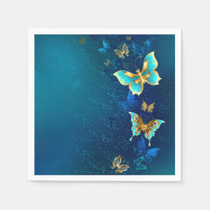 Golden Butterflies on a Blue Background Napkin