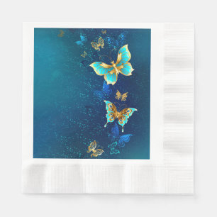 Golden Butterflies on a Blue Background Napkin