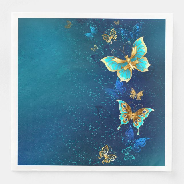 Golden Butterflies on a Blue Background Napkin (Front)