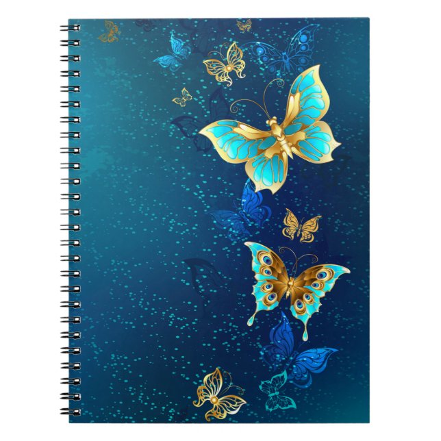 Golden Butterflies on a Blue Background Notebook (Front)