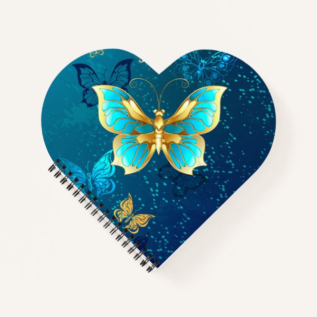 Golden Butterflies on a Blue Background Notebook (Front)