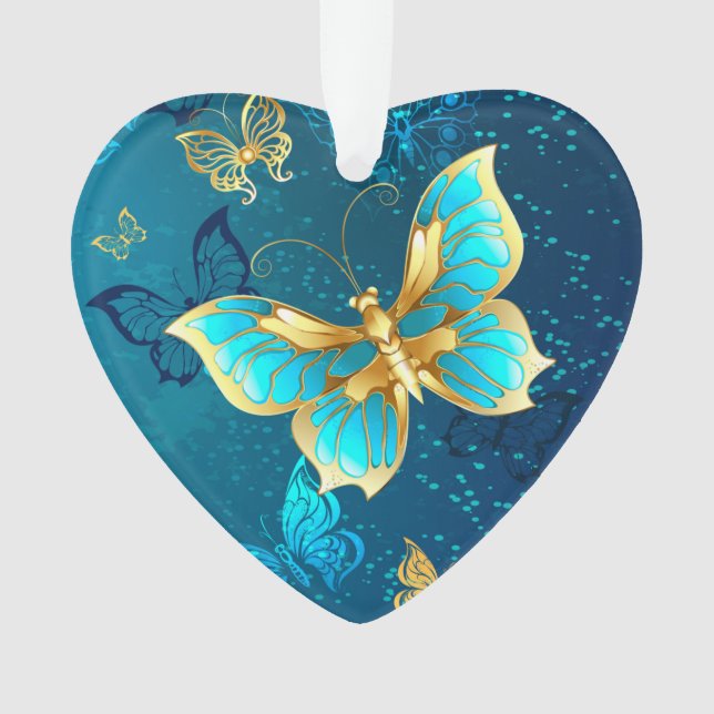 Golden Butterflies on a Blue Background Ornament (Front)