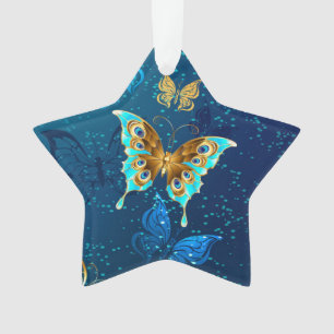 Golden Butterflies on a Blue Background Ornament