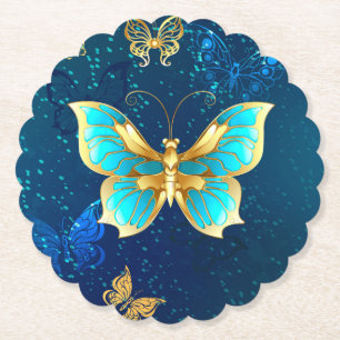Golden Butterflies on a Blue Background Paper Coaster