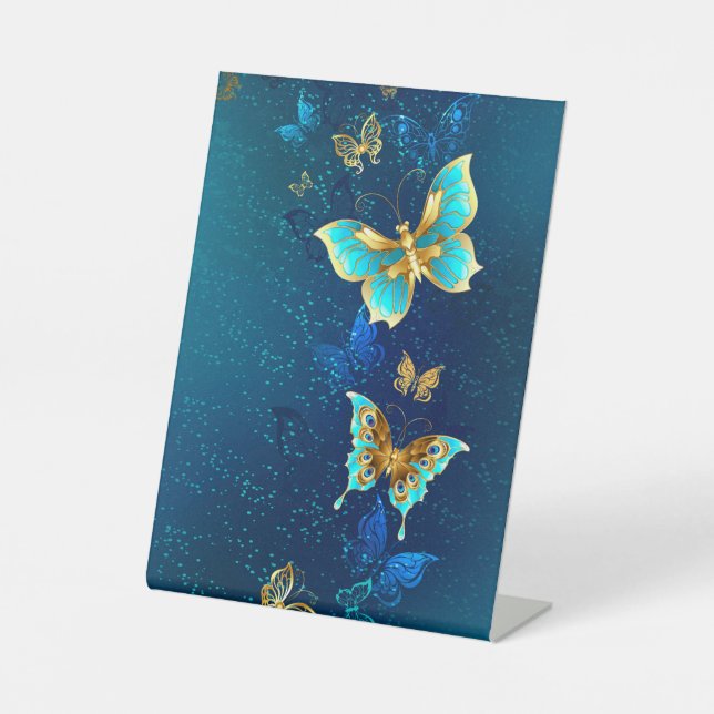 Golden Butterflies on a Blue Background Pedestal Sign (Front)