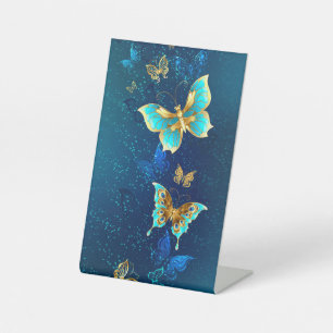 Golden Butterflies on a Blue Background Pedestal Sign