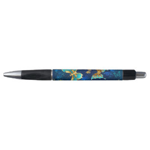 Golden Butterflies on a Blue Background Pen