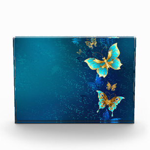 Golden Butterflies on a Blue Background Photo Block
