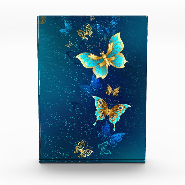 Golden Butterflies on a Blue Background Photo Block (Front)