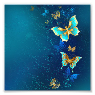 Golden Butterflies on a Blue Background Photo Print
