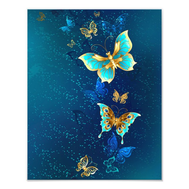 Golden Butterflies on a Blue Background Photo Print (Front)