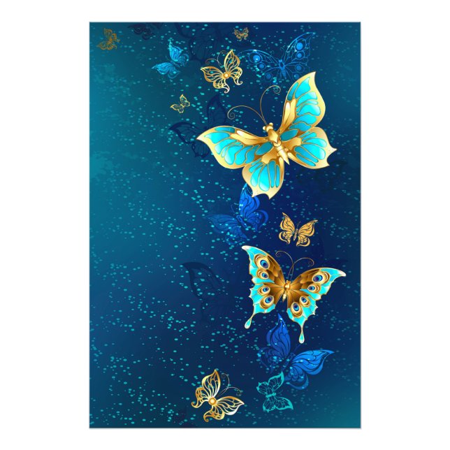 Golden Butterflies on a Blue Background Photo Print (Front)