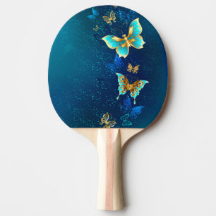 Golden Butterflies on a Blue Background Ping Pong Paddle