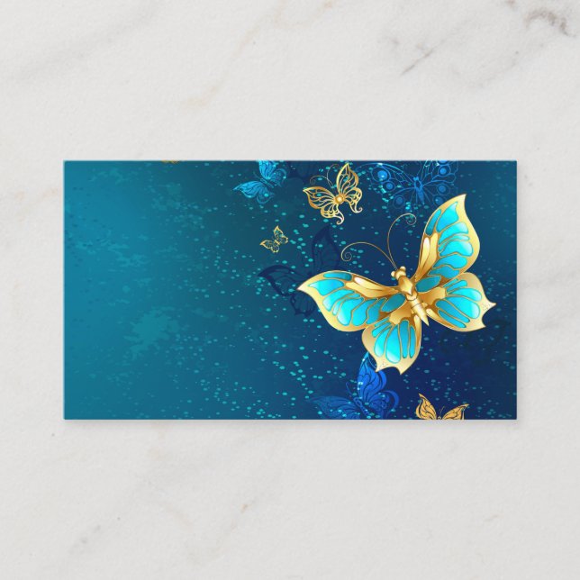 Golden Butterflies on a Blue Background Place Card (Front)