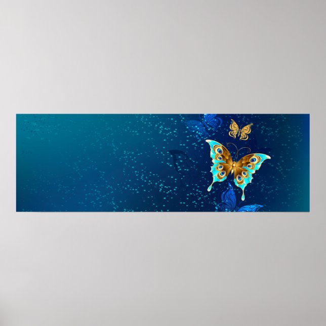 Golden Butterflies on a Blue Background Poster (Front)