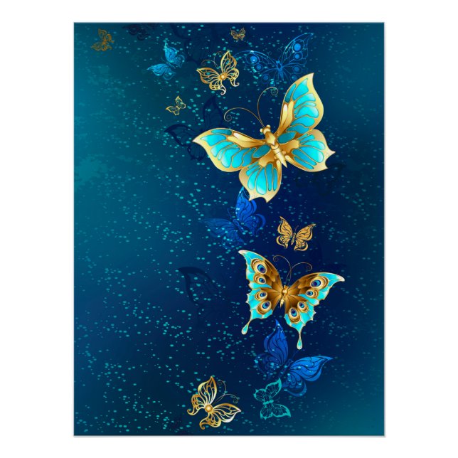 Golden Butterflies on a Blue Background Poster (Front)