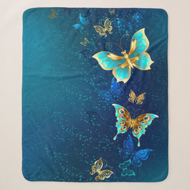Golden Butterflies on a Blue Background Sherpa Blanket (Front)