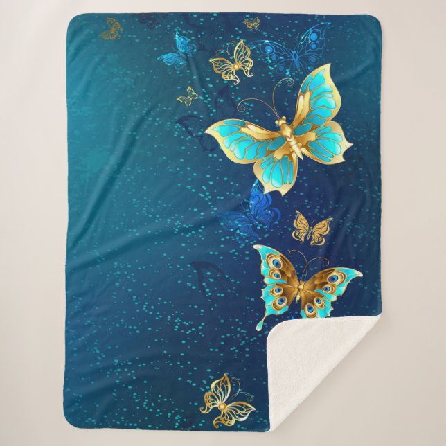 Golden Butterflies on a Blue Background Sherpa Blanket (Front)