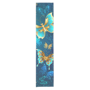 Golden Butterflies on a Blue Background Short Table Runner