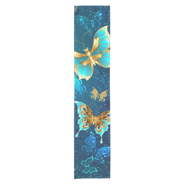 Golden Butterflies on a Blue Background Short Table Runner (Front)