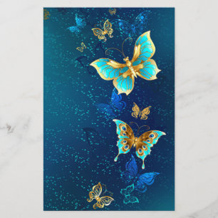 Golden Butterflies on a Blue Background Stationery