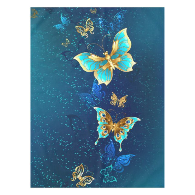 Golden Butterflies on a Blue Background Tablecloth (Front)