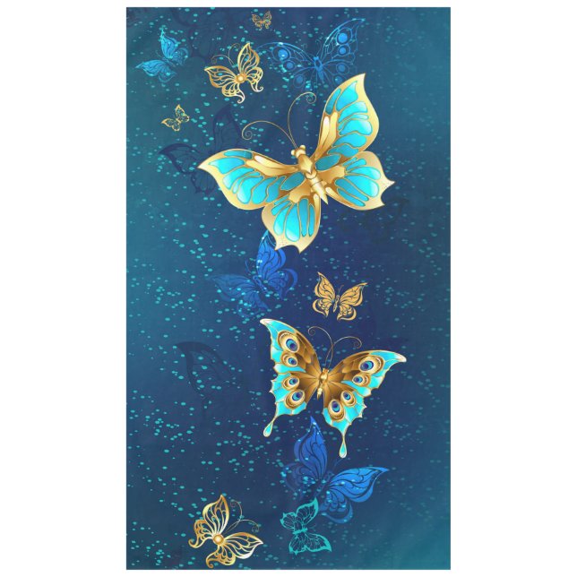 Golden Butterflies on a Blue Background Tablecloth (Front)
