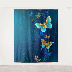 Golden Butterflies on a Blue Background Tapestry