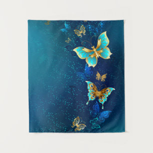 Golden Butterflies on a Blue Background Tapestry