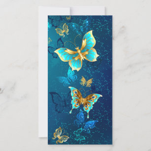 Golden Butterflies on a Blue Background Thank You Card
