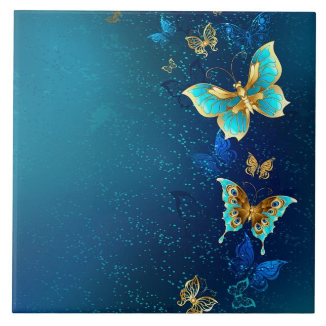 Golden Butterflies on a Blue Background Tile (Front)