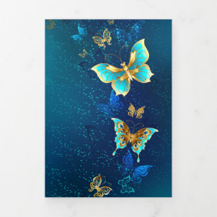 Golden Butterflies on a Blue Background Tri-Fold Card