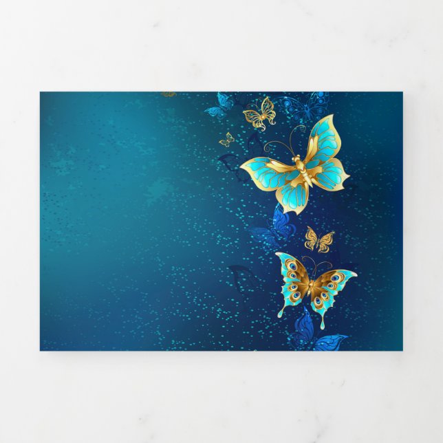 Golden Butterflies on a Blue Background Tri-Fold Card (Cover)