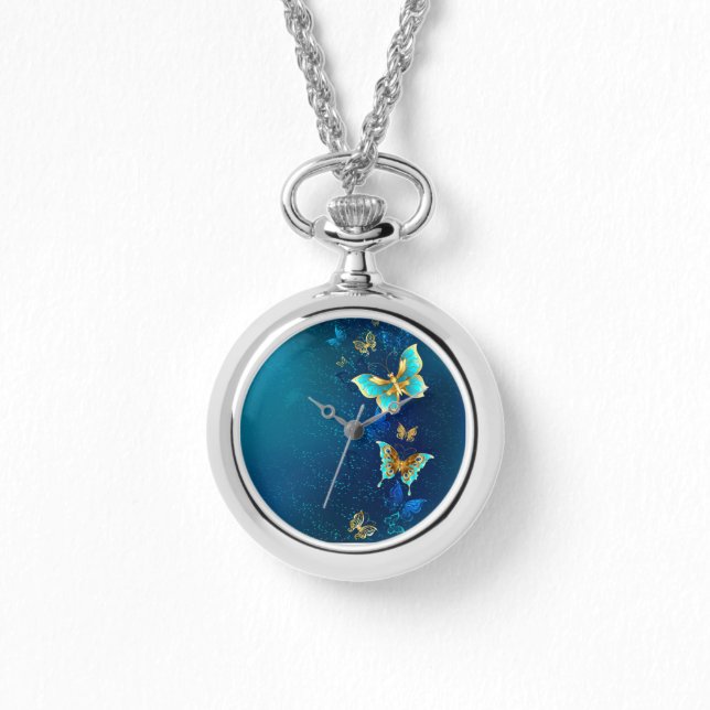Golden Butterflies on a Blue Background Watch (Front)