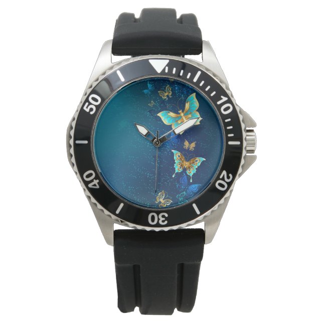 Golden Butterflies on a Blue Background Watch (Front)