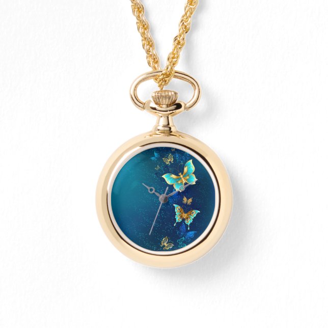 Golden Butterflies on a Blue Background Watch (Front)
