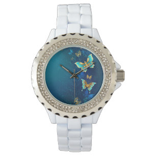 Golden Butterflies on a Blue Background Watch