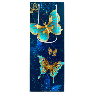 Golden Butterflies on a Blue Background Wine Gift Bag
