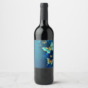 Golden Butterflies on a Blue Background Wine Label