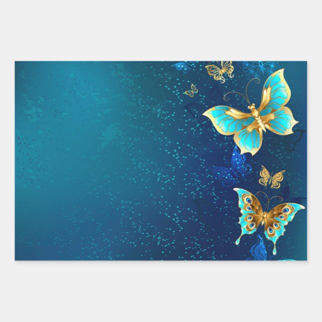 Golden Butterflies on a Blue Background Wrapping Paper Sheet (Front)