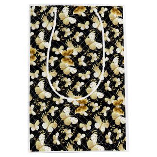 Golden butterflies Pattern 20.bw Black BG Medium Gift Bag