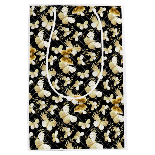 Golden butterflies Pattern 20.bw Black BG Medium Gift Bag (Front)