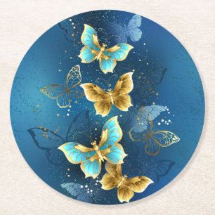 Golden butterflies round paper coaster
